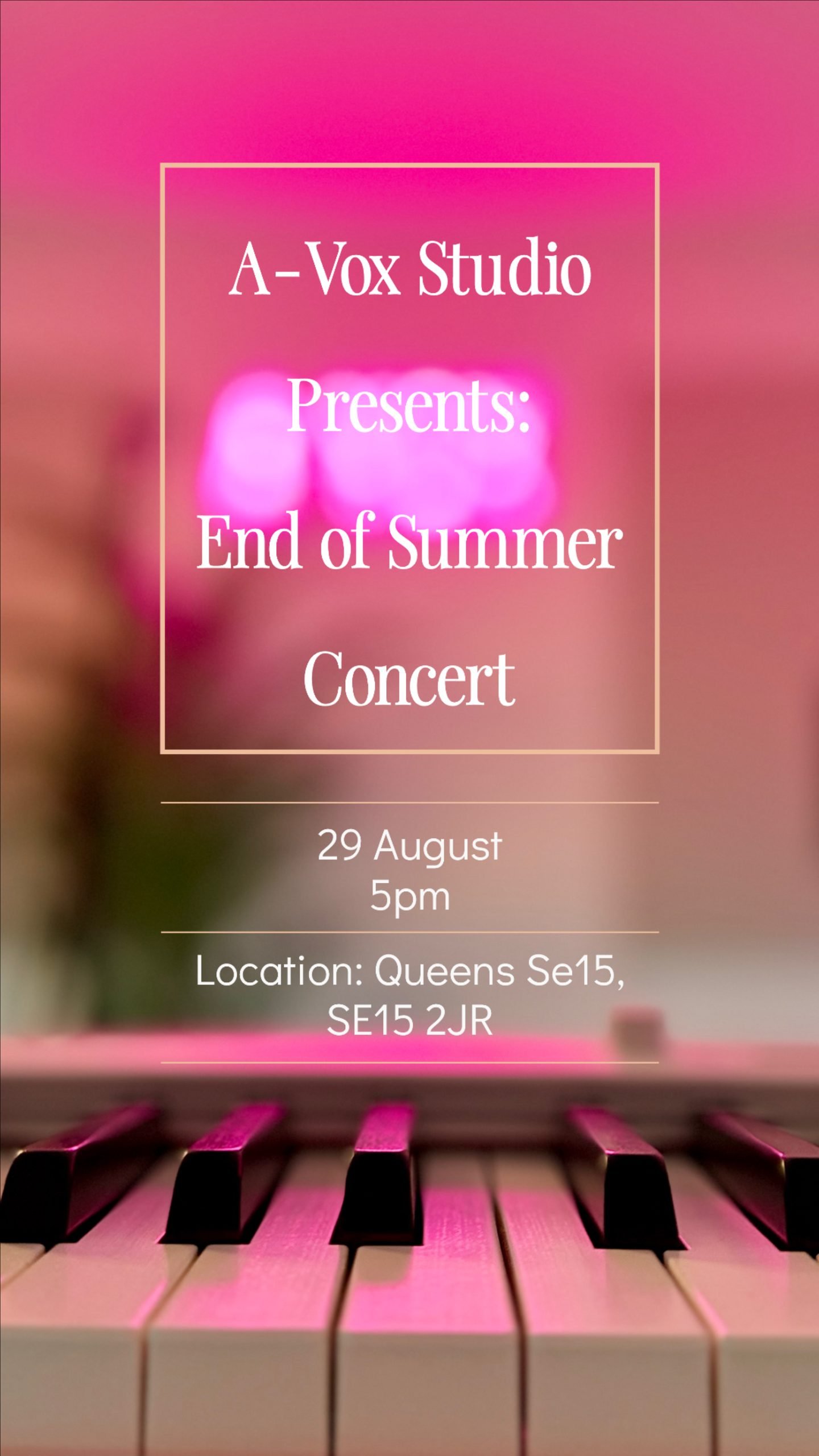 Poster for the A-VOX End of Summer Concert, 29 August at 5pm, Queens SE15