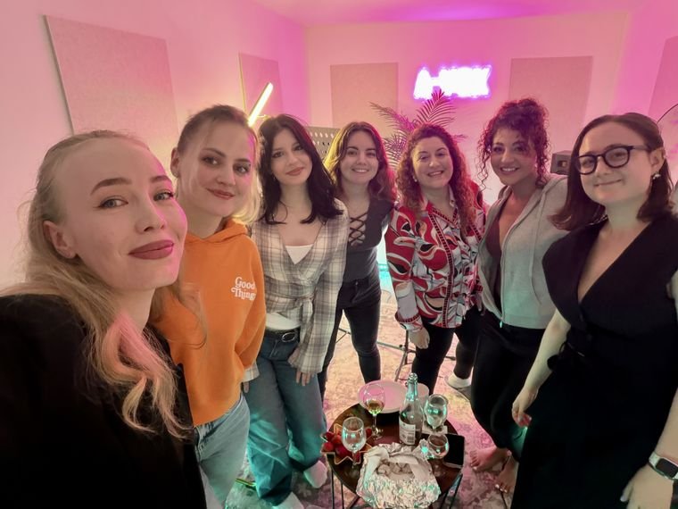 A-VOX students together at the studio open mic celebrating six months