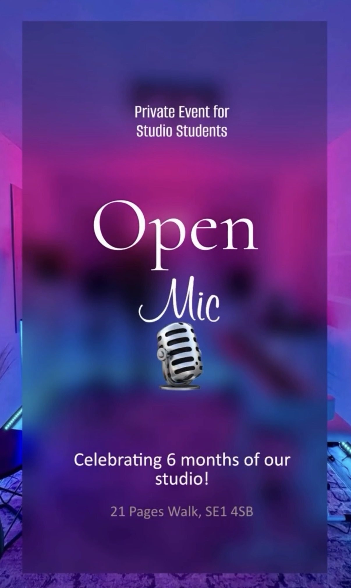 Poster for the A-VOX studio open mic, a private event for studio students celebrating six months of the studio