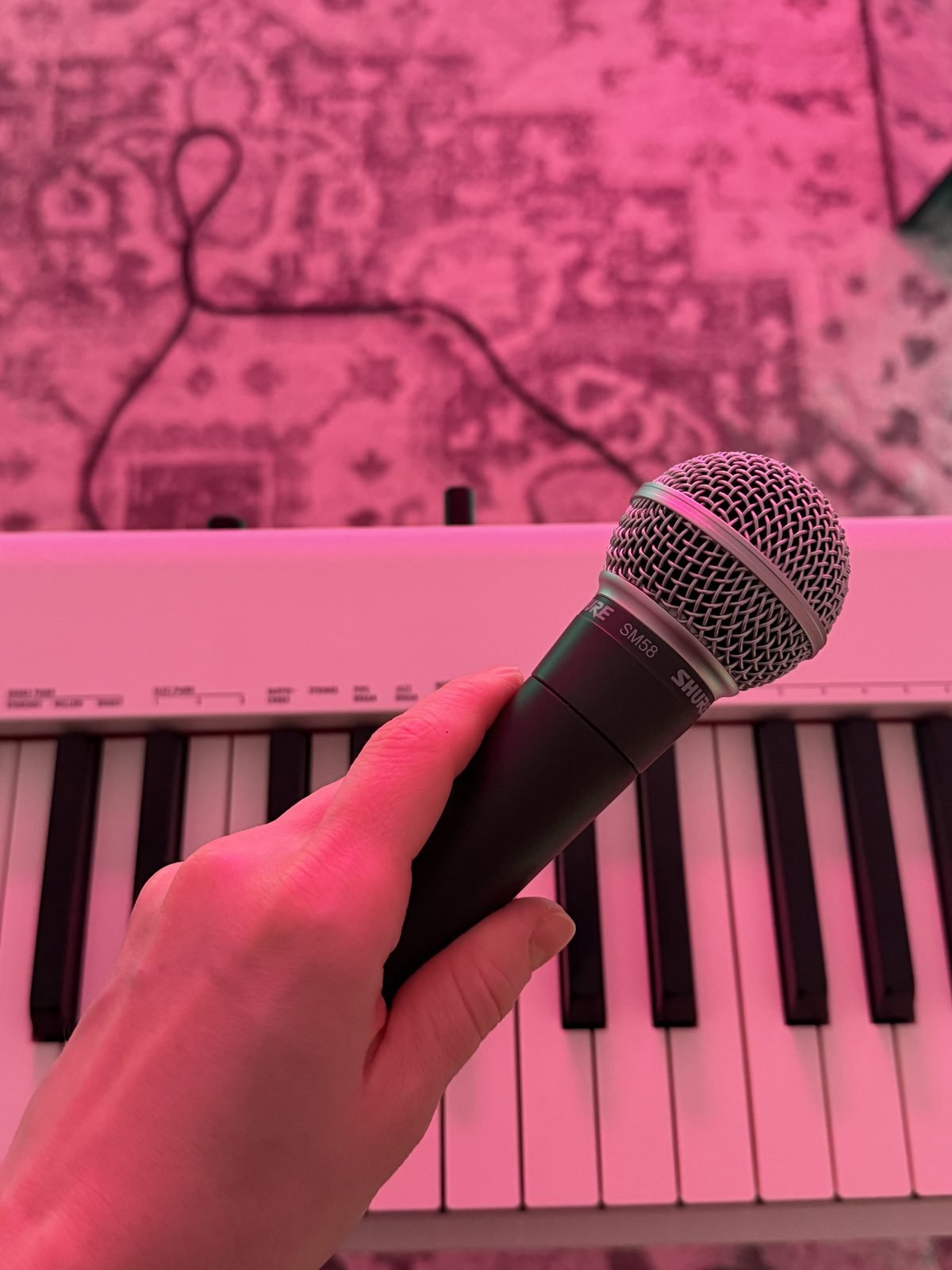 Piano lessons in central London — microphone and pink piano keyboard at A-VOX studio, Bermondsey