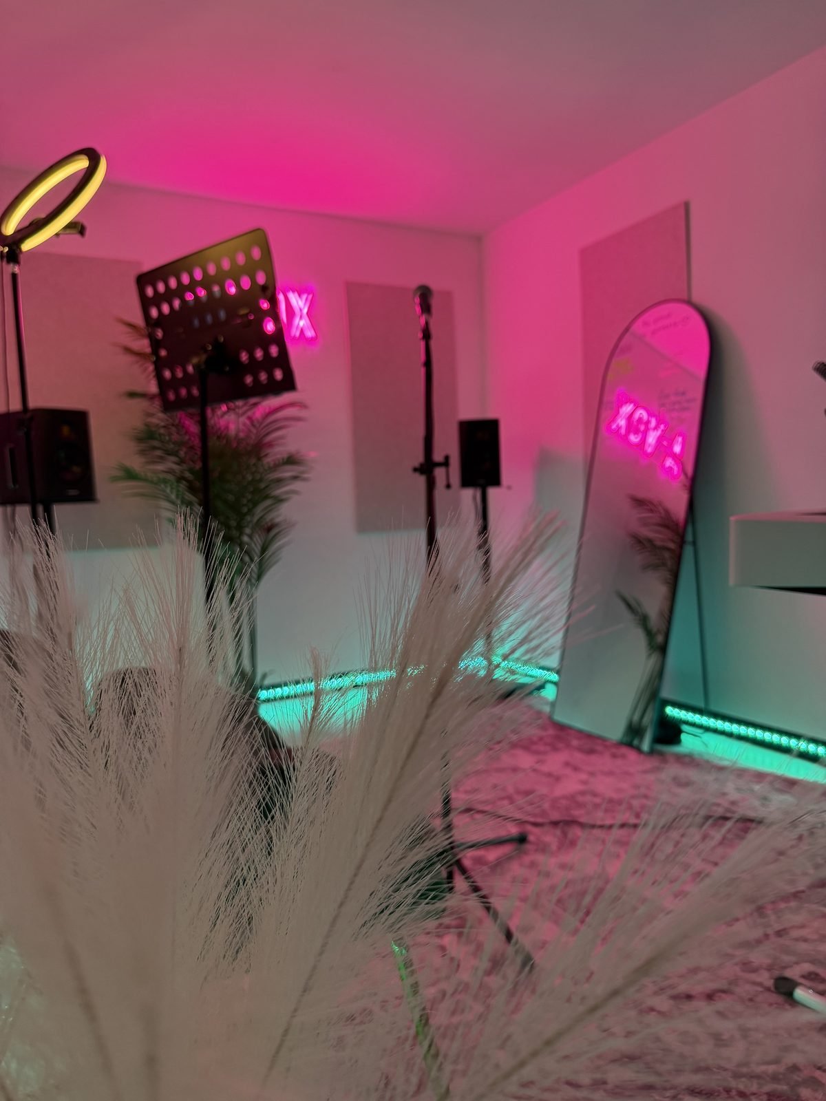 A-VOX vocal & piano studio in Bermondsey, central London — calm studio space with neon sign