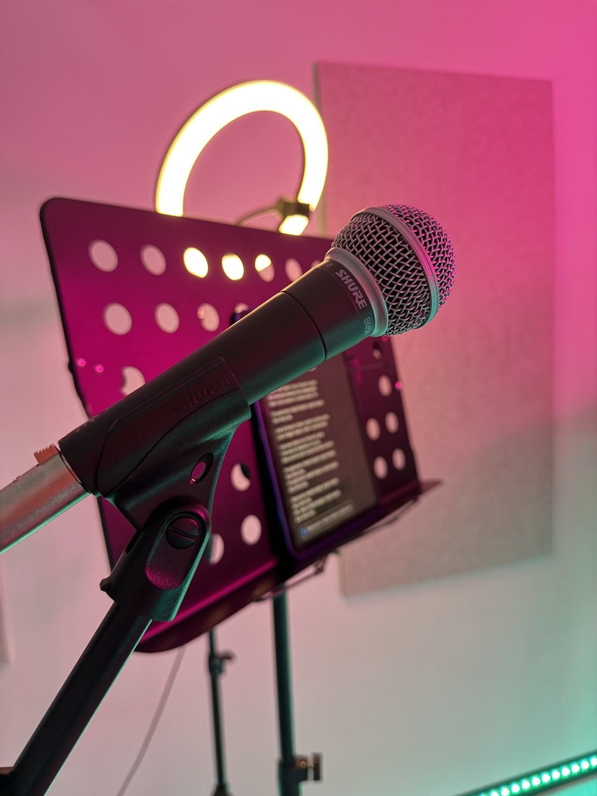 Singing lessons in London — Shure SM58 microphone with warm ring light at A-VOX studio, Bermondsey
